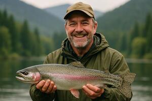 Man Smiles Proudly While Holding a Large Rainbow Trout at a Serene Lakeside Location in the Mountains photo