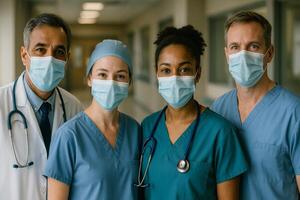 Healthcare Professionals Collaborating in a Hospital Corridor During a Routine Shift photo