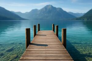 Serene Wooden Dock Extending Into Tranquil Crystal-Clear Waters Surrounded by Mountains photo