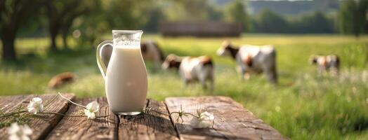A jug of milk sits on a wooden table in front of cows photo
