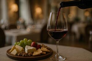 Wine Pouring Into Glass Beside Cheese Platter in Elegant Restaurant Setting photo