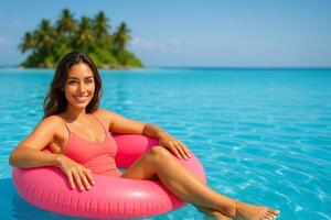 Relaxing in a Pink Float in Tropical Waters Near a Serene Island on a Sunny Day photo