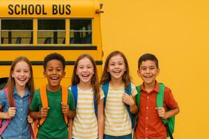 Children Smile Joyfully in Front of a Yellow School Bus on a Sunny Day photo