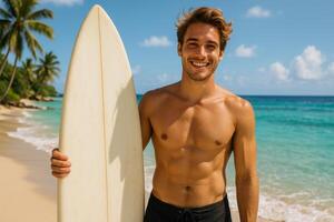 Surfer Smiles on Tropical Beach With Clear Water and Palm Trees in Beautiful Weather photo