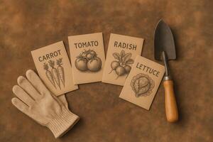 Seed Packets for Vegetable Gardening With Gardening Tools on a Wooden Surface photo