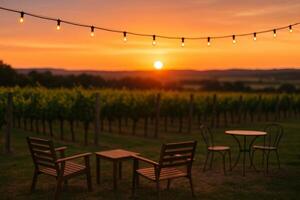Relaxing Sunset View Over Vineyard With Outdoor Seating and Warm String Lights photo