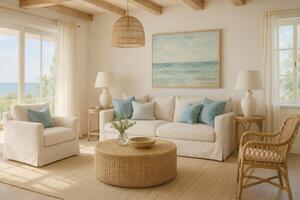 Cozy Living Room With Beach View Featuring Soft Furnishings and Natural Decor photo