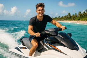 Joyful Man Enjoying a Thrilling Ride on a Jet Ski in the Turquoise Waters of a Tropical Beach photo