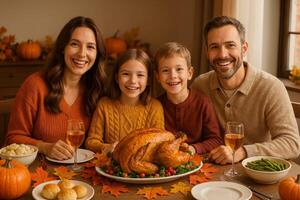 Family Gathering for Thanksgiving Dinner With Turkey and Decorations in Autumn Setting photo