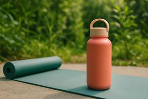 Bright Water Bottle Resting on a Yoga Mat in a Peaceful Outdoor Setting During the Day photo