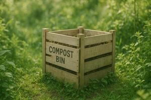 Wooden Compost Bin Surrounded by Greenery in a Sunny Garden Setting photo