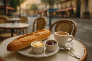 Enjoying Breakfast With Bread and Coffee at a Parisian Cafe on a Quiet Morning photo