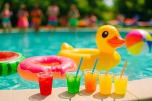 Colorful Pool Party Drinks With Inflatable Duck and Beach Balls in Summer Setting photo
