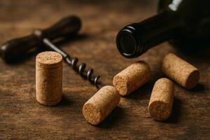 Wine Corks Scattered Around a Corkscrew With a Bottle on a Rustic Wooden Surface photo
