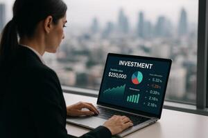 Investment Analysis on Laptop With City Skyline View in the Background During Daytime photo