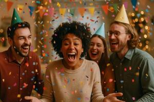 Friends Celebrate Together at a Birthday Party With Colorful Confetti and Joyful Expressions Indoors photo