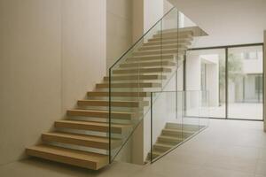 Modern Staircase Design Featuring Glass Railing in a Bright Interior Space With Natural Light photo