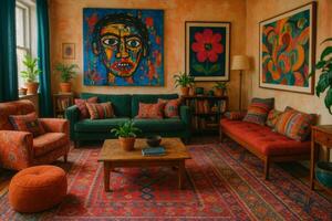 Colorful Living Room With Vibrant Art and Cozy Furniture in an Urban Apartment During Daytime photo
