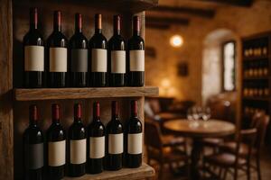 Elegant Wine Display in a Rustic Tasting Room With Cozy Ambiance photo