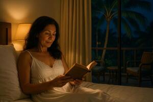 Relaxing Night Reading in a Cozy Hotel Room Near the Beach With Soft Lighting photo