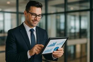 Business Professional Analyzing Data Trends Using Tablet in Modern Office Setting During Daytime photo