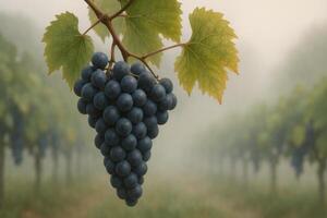 Ripe Grapes Hanging From Vine in a Vineyard at Dawn Amid Morning Mist photo