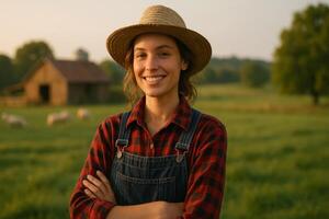 Smiling Farmer in a Field With Sheep During Golden Hour Near a Rustic Barn photo