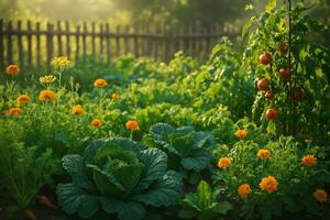 Fresh Vegetable and Flower Garden at Sunrise in a Rural Setting With a Wooden Fence photo