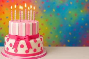 Colorful Birthday Cake With Candles and Festive Background Filled With Confetti photo