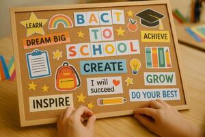 Motivational Back to School Bulletin Board With Colorful Messages in a Classroom Setting photo