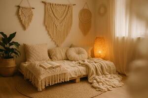 Cozy Bohemian Living Room With Macrame Decor and Warm Lighting for Relaxation photo