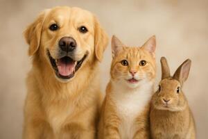 Happy Golden Retriever, Orange Cat, and Rabbit Sitting Together in a Friendly Pose at Home photo