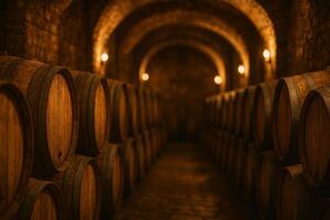 Barrels Arranged in a Dimly Lit Wine Cellar Exuding a Rustic Charm and Inviting Atmosphere for Enthusiasts photo