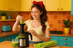 Joyful Woman Prepares Fresh Green Juice in Colorful Kitchen With Fresh Celery and Blender photo