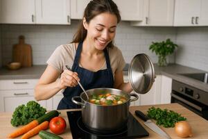 Cooking Nutritious Vegetable Soup in a Modern Kitchen With Fresh Ingredients photo