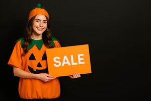 Smiling Person in Pumpkin Costume Promotes Sale With Bright Orange Sign photo