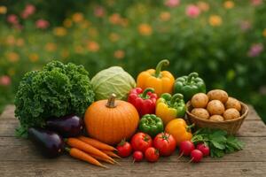 Freshly Harvested Vegetables on a Wooden Table in a Vibrant Garden at Sunset photo