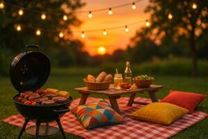 Evening Barbecue Gathering in the Garden With Sunset and Fairy Lights in the Background photo