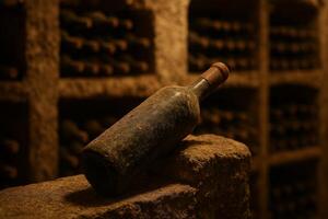 Antique Wine Bottle Resting on Stone Surface in Dimly Lit Cellar With Wooden Shelves photo