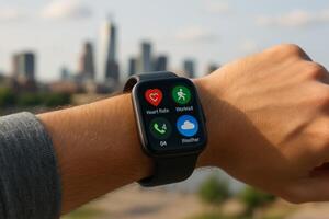 Fitness Tracker Display on Wrist Overlooking City Skyline During Midday photo