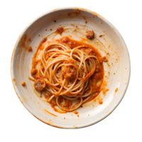 Almost Empty Plate of Spaghetti with Tomato Sauce Leftovers Food Photography isolated on white or transparent background png