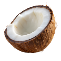 A Half of Fresh Coconut Showing White Flesh and Brown Husk Closeup Photography isolated on white or transparent background png