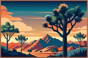 A colorful Desert Landscape with Joshua Trees at Sunrise vector
