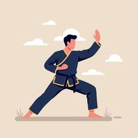 A martial artist in a striking pose wearing a dark uniform against a soft cloud background in flat illustration vector
