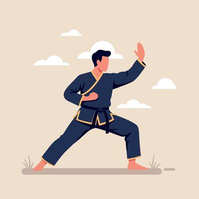 A martial artist in a striking pose wearing a dark uniform against a soft cloud background in flat illustration