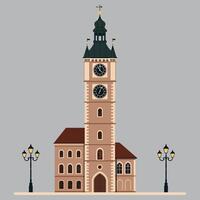 Detailed illustration of a historic clock tower in a flat design style with street lamps against a neutral background in art vector