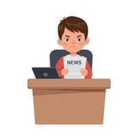 Young boy sitting at a desk reading a newspaper with an expression of concern in minimalist illustration vector