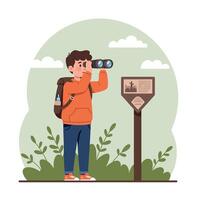 Young boy exploring nature with binoculars while standing near a sign in a flat illustration vector