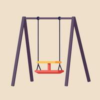 Simple playground swing set in flat design style featuring vibrant red seat and yellow accents surrounded by a neutral background illustration vector