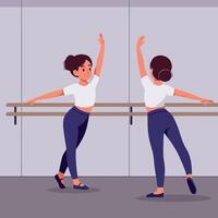 Two young ballet dancers practicing at a barre in a bright studio, showcasing grace and concentration in a flat illustration vector